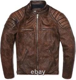 Men's Motorcycle Biker Vintage Cafe Racer Distressed Brown Real Leather Jacket