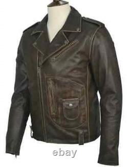 Men's Motorcycle Biker Vintage Cafe Racer Distressed Brown Real Leather Jacket