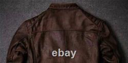 Men's Motorcycle Biker Vintage Cafe Racer Distressed Brown Real Leather Jacket