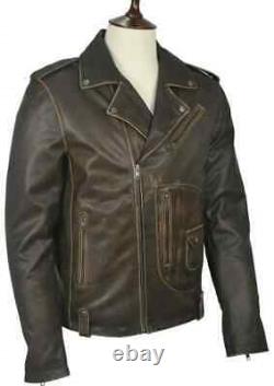 Men's Motorcycle Biker Vintage Cafe Racer Distressed Brown Real Leather Jacket