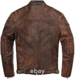 Men's Motorcycle Biker Vintage Cafe Racer Distressed Brown Real Leather Jacket