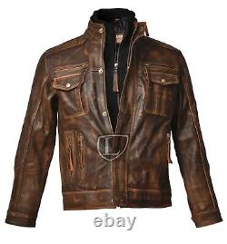 Men's Motorcycle Biker Vintage Distressed Brown Cafe Racer 2 Real Leather Jacket