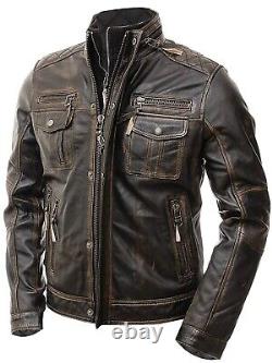 Men's Motorcycle Biker Vintage Distressed Brown Cafe Racer Real Leather Jacket