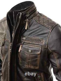 Men's Motorcycle Biker Vintage Distressed Brown Cafe Racer Real Leather Jacket