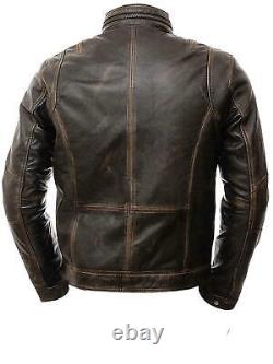 Men's Motorcycle Biker Vintage Distressed Brown Cafe Racer Real Leather Jacket