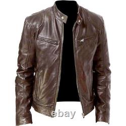 Men's Motorcycle Brown Faded Distressed Cafe Racer Real Leather Biker Jacket