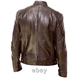 Men's Motorcycle Brown Faded Distressed Cafe Racer Real Leather Biker Jacket