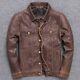 Men's Motorcycle Distressed Brown Collared Trucker Genuine Leather Button Jacket