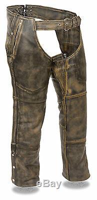 Men's Motorcycle Distressed Brown Leather Riding Chap Pants Snap Out Liner