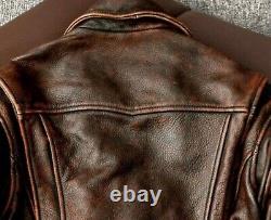 Men's Motorcycle Real Leather Jacket Vintage Distressed Waxed Brown Jacket