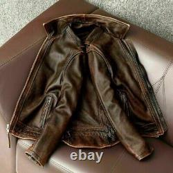 Men's Motorcycle Retro Cafe Racer Distressed Brown Biker Real Leather Jacket