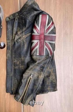 Men's Motorcycle Union Jack Retro Style British Flag Distressed Finish Jacket
