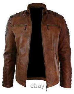 Men's Motorcycle Vintage Cafe Racer Distressed Brown Biker Real Leather Jacket