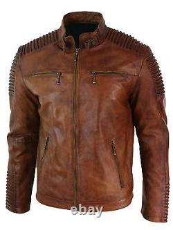 Men's Motorcycle Vintage Cafe Racer Distressed Brown Biker Real Leather Jacket