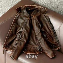 Men's Motorcycle Vintage Cafe Racer Distressed Brown Biker Real Leather Jacket