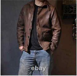 Men's Motorcycle Vintage Cafe Racer Distressed Brown Bomber Real Leather Jacket