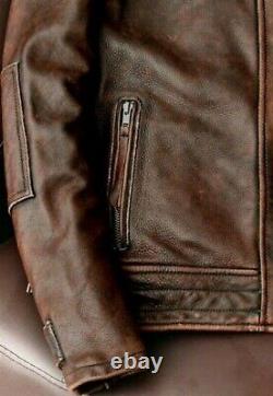 Men's Motorcycle Vintage Distressed Waxed Brown Real Leather Biker Winter Jacket