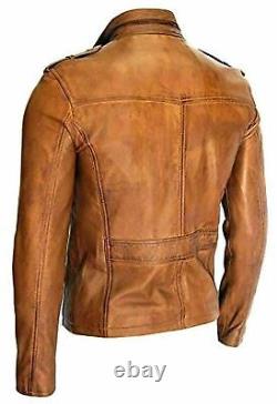 Men's Motorcycle Vintage Tan Brown Real Leather Distressed Motor Biker Jacket