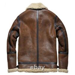 Men`s RAF Trench Coat Brown Distressed Real Sheepskin Shearling Leather Jacket
