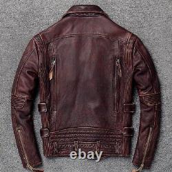 Men's Real Cowhide Premium Leather Motorcycle Biker Top Leather Jacket Brando