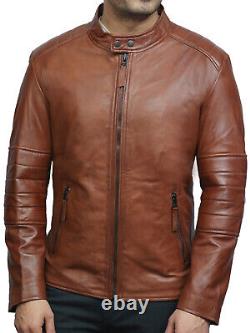 Men's Real Lambskin Leather Vintage Distressed Black/Tan Biker Jacket