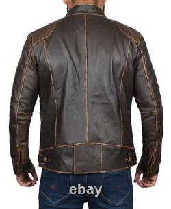 Men's Slim Fit Distressed Brown Genuine Sheepskin Leather Motorcycle Jacket