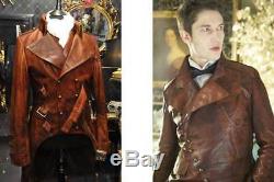 Men's Steampunk Gothic Military Brown Distressed Leather Trench Coat Jacket