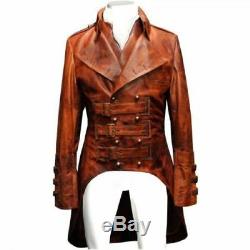 Men's Steampunk Gothic Military Brown Distressed Leather Trench Coat Jacket