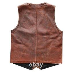 Men's Tan Brown Motorcycle Biker Vintage Cafe Racer Distressed Real Leather Vest