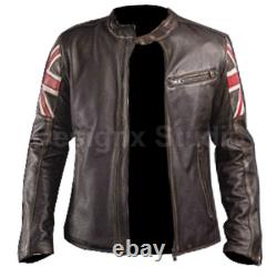 Men's UK Flag Nation Cafe Racer Distressed Brown Casual Rider Leather Jacket