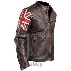 Men's UK Flag Nation Cafe Racer Distressed Brown Casual Rider Leather Jacket