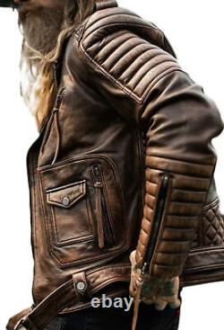 Men's Vintage Biker Genuine Distressed Brown Motorcycle Slim Fit Leather Jacket