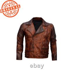 Men's Vintage Brown Distressed Leather Biker Jacket Classic Quilted Motorcycle