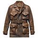 Men's Vintage Brown Distressed Leather Field Jacket With Belt