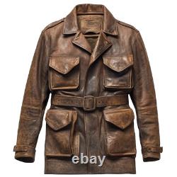 Men's Vintage Brown Distressed Leather Field Jacket with Belt