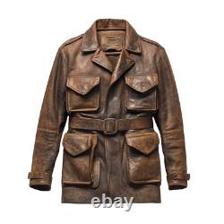 Men's Vintage Brown Distressed Leather Field Jacket with Belt