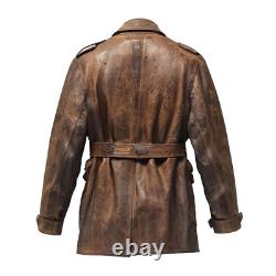 Men's Vintage Brown Distressed Leather Field Jacket with Belt