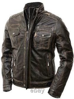 Men's Vintage Brown Distressed Real Leather Motorcycle Cafe Racer Biker Jacket