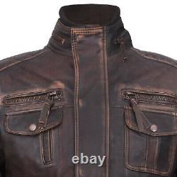 Men's Vintage Brown Warm 100% Leather Retro Biker Jacket Distressed Motorcycle