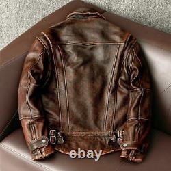 Men's Vintage Cafe Racer Biker Distressed Bomber Brown Cowhide Leather Jacket