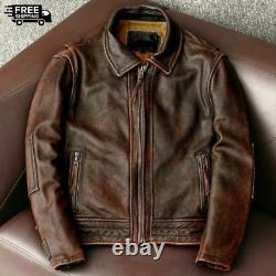 Men's Vintage Cafe Racer Distressed Brown Leather Biker Jacket Real Cowhide