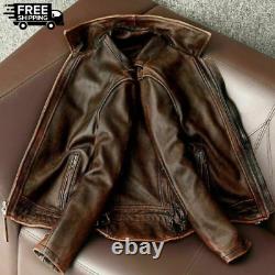 Men's Vintage Cafe Racer Distressed Brown Leather Biker Jacket Real Cowhide