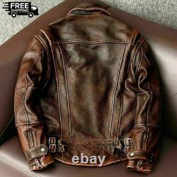 Men's Vintage Cafe Racer Distressed Brown Leather Biker Jacket Real Cowhide