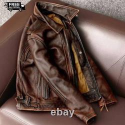 Men's Vintage Cafe Racer Distressed Brown Leather Biker Jacket Real Cowhide