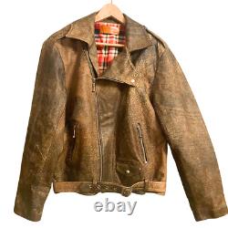 Men's Vintage Distressed Brown Leather Jacket 1980s Biker Zip Genuine Size M / L