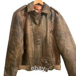 Men's Vintage Distressed Brown Leather Jacket 1980s Biker Zip Genuine Size M / L