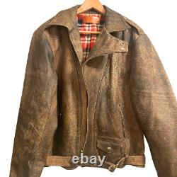 Men's Vintage Distressed Brown Leather Jacket 1980s Biker Zip Genuine Size M / L