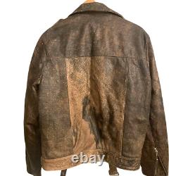 Men's Vintage Distressed Brown Leather Jacket 1980s Biker Zip Genuine Size M / L