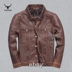 Men's Vintage Distressed Brown Leather Trucker Jacket Crackled Genuine Leather