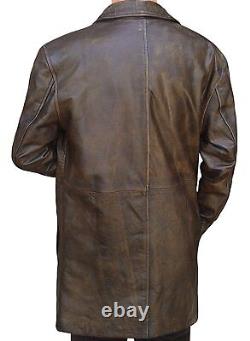 Men's Vintage Distressed Brown Real Leather Coat Jacket Long Trench Coat